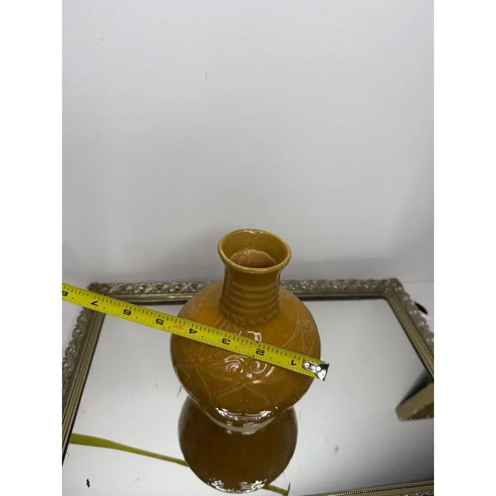 Vintage Handmade in Vietnam Mustard Yellow Vase with Incised Designs